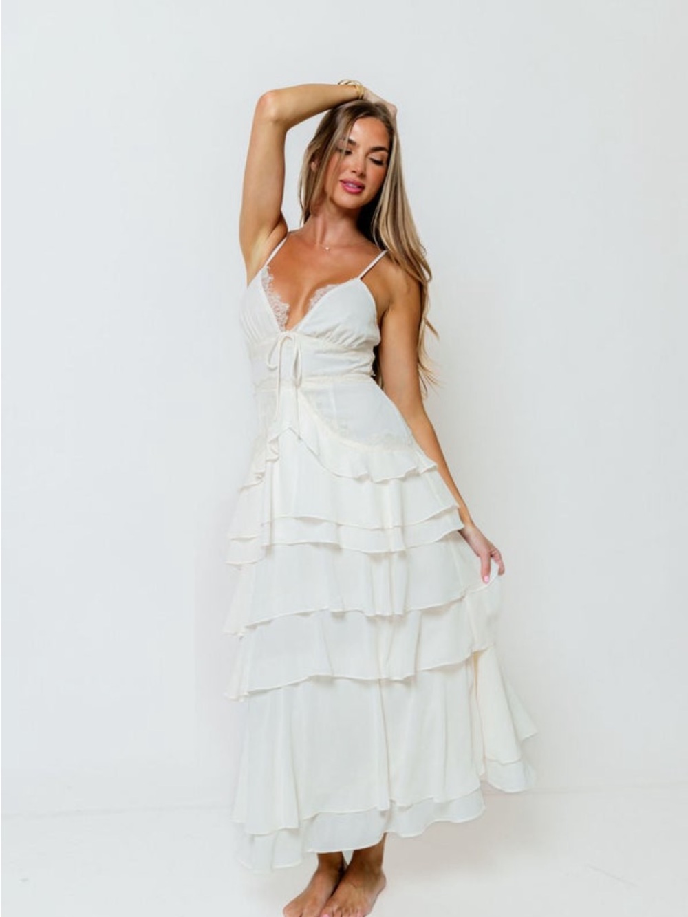 Light Cream Tiered Maxi Dress with Lace Detail